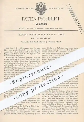 original Patent - Heinrich Wilhelm Müller , Militsch , 1882 , Mälzereianlage | Malz , Bier , Wein , Brauerei , Mälzerei