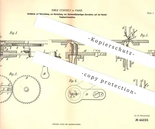 original Patent - Emile Cornely , Paris , Frankreich  1887 , Ziernähte auf der Kurbel - Tambouriermaschine | Nähmaschine
