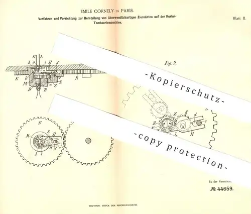 original Patent - Emile Cornely , Paris , Frankreich  1887 , Ziernähte auf der Kurbel - Tambouriermaschine | Nähmaschine