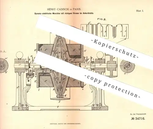 original Patent - Henry Cadisch , Paris , Frankreich , 1885 , Dynamo - elektrische Maschine mit stetigem Strom | Magnet