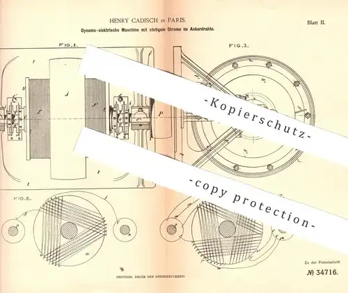 original Patent - Henry Cadisch , Paris , Frankreich , 1885 , Dynamo - elektrische Maschine mit stetigem Strom | Magnet