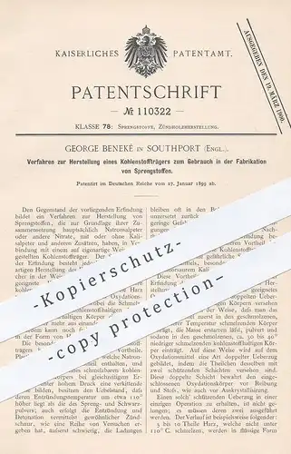 original Patent - George Beneké , Southport  England 1899 , Kohlenstoffträger für Sprengstoff | Munition | Schwarzpulver