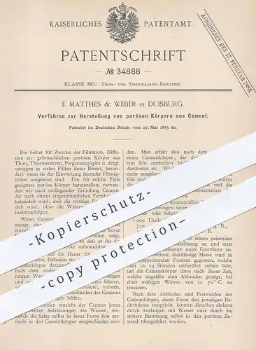 original Patent - E. Matthes & Weber , Duisburg , 1885 , poröse Körper aus Zement | Beton , Ton , Sand , Stein | Filter