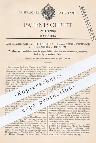 original Patent - Chem. Fabrik Helfenberg AG | Eugen Dieterich / Dresden , wasserdichte Häutchen aus Hausenblase , Lack