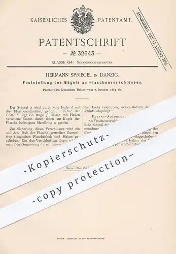original Patent - Hermann Spriegel , Danzig , 1884 , Feststellung des Bügels am Flaschenverschluss | Flaschen - Korken !