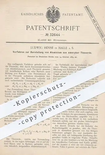 original Patent - Ludwig Henne , Halle / Saale , 1884 , Darstellung von Aluminium aus amorpher Tonerde | Aluminiumoxyd