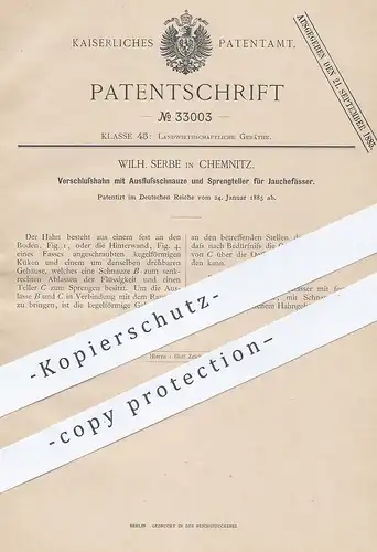 original Patent - Wilh. Serbe , Chemnitz , 1885 , Verschlusshahn für Jauchefass | Landwirtschaft , Fass , Wasser - Hahn