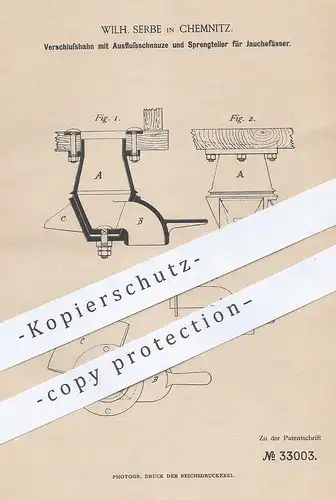 original Patent - Wilh. Serbe , Chemnitz , 1885 , Verschlusshahn für Jauchefass | Landwirtschaft , Fass , Wasser - Hahn