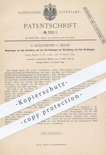 original Patent - C. Schlickeysen , Berlin , 1885 , Herstellung von Falz - Dachziegel | Dach - Ziegel | Dachdecker !!