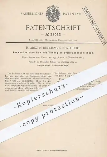 original Patent - H. Arnz , Reinshagen / Remscheid , 1885 , Gewindeführung an Drillbohrerschieber | Drillbohrer , Bohrer