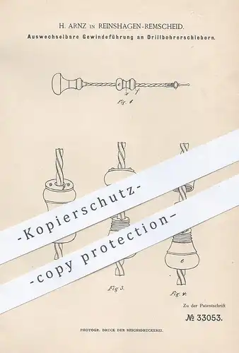 original Patent - H. Arnz , Reinshagen / Remscheid , 1885 , Gewindeführung an Drillbohrerschieber | Drillbohrer , Bohrer