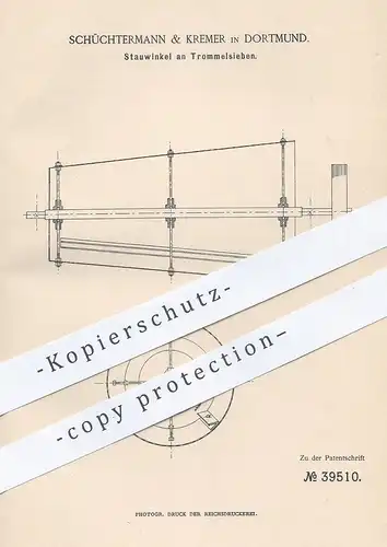 original Patent - Schüchtermann & Kremer , Dortmund , 1886 , Stauwinkel an Trommelsieb | Sieb | Erz , Erze , Mineralien