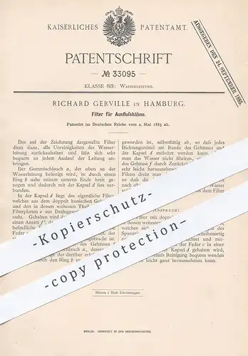 original Patent - Richard Gerville , Hamburg , 1885 , Filter für Ausflusshähne | Wasserhahn , Abwasser , Klempner !!