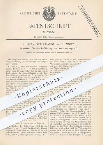 original Patent - Gustav Otto Hähnel , Chemnitz , 1886 , Regulator für Zuführung von Verbrennungsluft | Heizung | Kessel