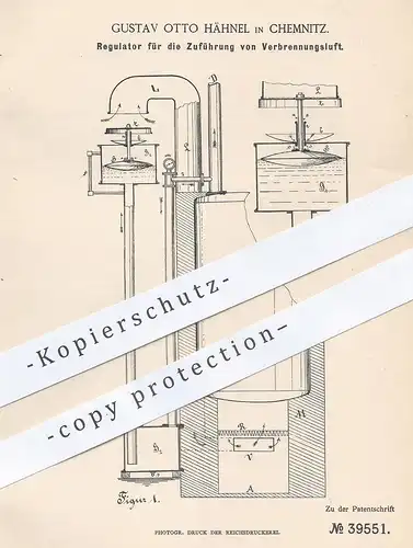original Patent - Gustav Otto Hähnel , Chemnitz , 1886 , Regulator für Zuführung von Verbrennungsluft | Heizung | Kessel