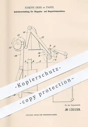 original Patent - Joseph Imbs , Paris , Frankreich , 1901 , Antrieb für Spinn- u. Zwirnmaschine | Spinnerei , Spinnen !!