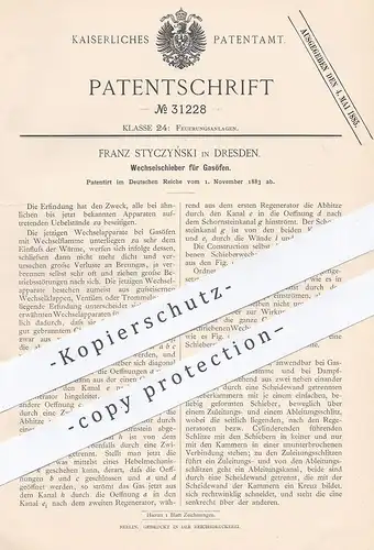 original Patent - Franz Styczynski , Dresden , 1883 , Wechselschieber für Gasofen | Gas - Ofen | Ofenbauer , Feuerung