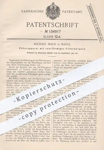 original Patent - Michael Mack , Mainz 1901 , Filterapparat mit rohrförmigem Filterkörper | Filter , Filterung , Filtern