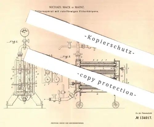 original Patent - Michael Mack , Mainz 1901 , Filterapparat mit rohrförmigem Filterkörper | Filter , Filterung , Filtern