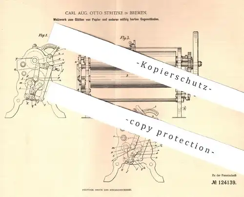 original Patent - Carl Aug. Otto Spritzke , Bremen , 1900 , Walzwerk zum Glätten von Papier | Papierfabrik , Walzen !!