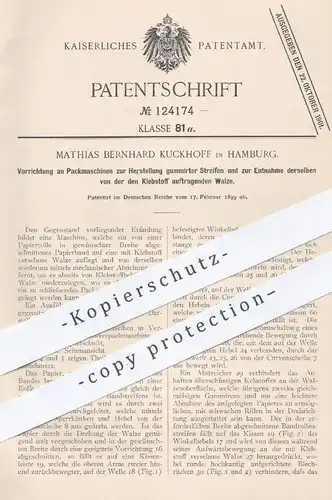 original Patent - Mathias Bernhard Kuckhoff , Hamburg , 1899 , Packmaschinen zur Herst. gummierter Streifen | Papier