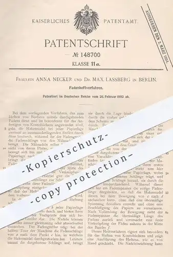 original Patent - Anna Necker , Dr. Max Lassberg , Berlin  1902 , Fadenheftverfahren | Papier Heften | Buchbinder , Buch