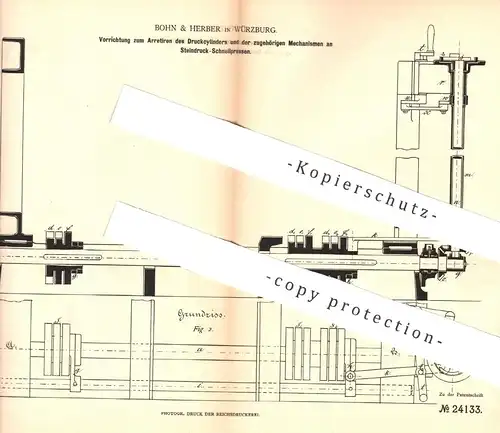 original Patent - Bohn & Herber , Würzburg 1883 , Druckzylinder an Steindruck Schnellpresse | Presse , Druck , Buchdruck