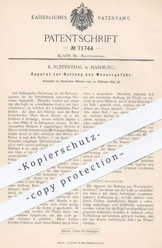 original Patent - K. Ruppenthal , Hamburg , 1893 , Rettung aus Wassergefahr | Rettungsschwimmer , Schwimmen , Baden !!
