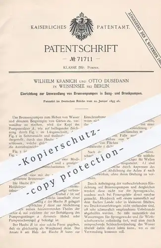 original Patent - Wilhelm Kranich , Otto Dusedann , Berlin / Weissensee  1893 , Brunnen - Pumpe , Saugpumpe , Druckpumpe