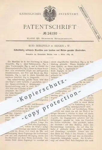 original Patent - Rud. Bergfeld , Siegen , 1883 , Maschine zum Lochen u.Nieten gerader Blechrohre | Blech , Metall !!