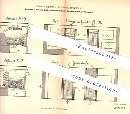 original Patent - Hermann Liebau , Magdeburg / Sudenburg , 1882 , kombinierte Warmwasser - Heizung u. Kocher | Herd !!!