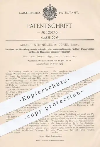 original Patent - August Weihmüller , Düren , 1900 , Herstelltung farbiger Wasserzeichen | Filz , Papier , Papierfabrik