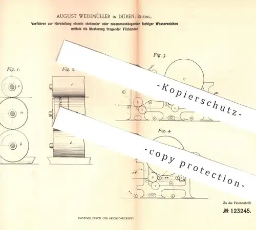 original Patent - August Weihmüller , Düren , 1900 , Herstelltung farbiger Wasserzeichen | Filz , Papier , Papierfabrik