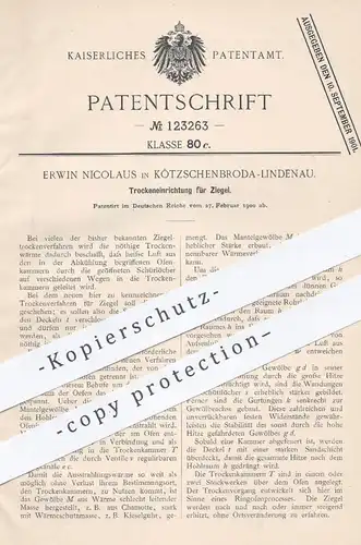 original Patent - Erwin Nicolaus , Kötzschenbroda / Lindenau , 1900 , Trockeneinrichtung für Ziegel | Stein , Ton , Ofen