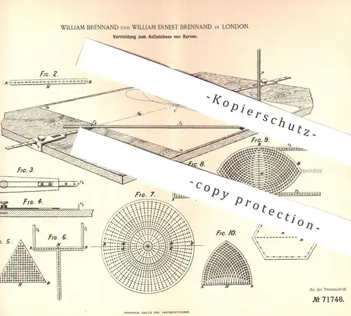 original Patent - William u. W. Ernest Brennand , London , 1893 , Aufzeichnung von Kurven | Kurve , Instrumente !!!