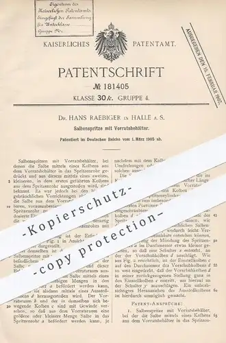original Patent - Dr. Hans Raebiger , Halle  Saale , 1905 , Salbenspritze mit Vorratsbehälter | Spritze , Arzt , Medizin