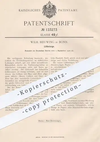original Patent - Wilh. Heuwing , Bonn , 1900 , Löthstange , Lötstange | Löten , Lötkolben , Zinn , Harz , Metall !!!