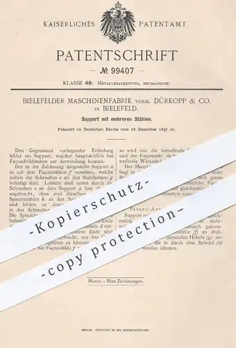 original Patent - Maschinenfabrik Bielefeld vorm. Dürkopp & Co. , 1897 , Support mit Stahl | Façon - Drehbank , Eisen !!