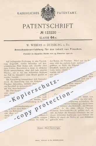 original Patent - W. Webers , Duisburg , 1900 , Ausschank für den Inhalt von Flaschen | Zapfanlage - Bier , Wein , Likör