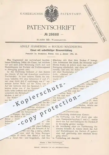 original Patent - Adolf Hasseberg , Magdeburg / Buckau 1884 , Kloset mit selbsttätiger Streuvorrichtung | WC , Toilette