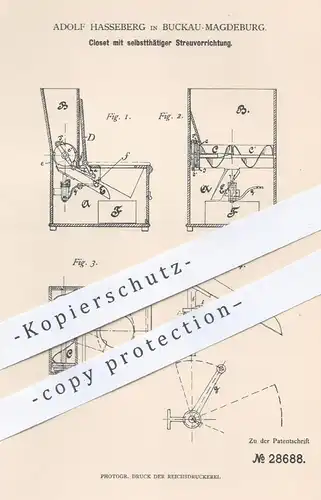 original Patent - Adolf Hasseberg , Magdeburg / Buckau 1884 , Kloset mit selbsttätiger Streuvorrichtung | WC , Toilette