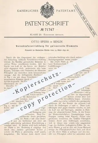 original Patent - Otto Spiess , Berlin , 1893 , Verschluss für galvanische Elemente | Elektroden , Strom , Elektriker !