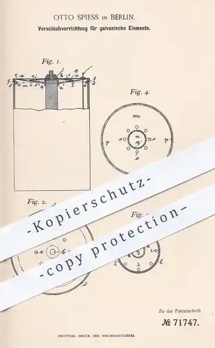 original Patent - Otto Spiess , Berlin , 1893 , Verschluss für galvanische Elemente | Elektroden , Strom , Elektriker !