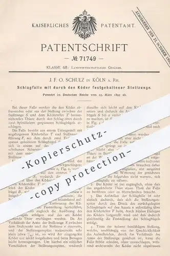 original Patent - J. F. O. Schulz , Köln / Rhein , 1893 , Schlagfalle | Tierfalle , Falle , Jäger , Jagd , Förster !!!