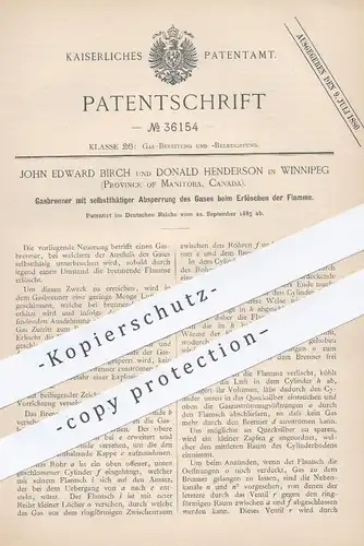 original Patent - John Edward Birch , Donald Henderson , Winnipeg , Manitoba , Kanada , 1885 , Gasbrenner | Gas Brenner