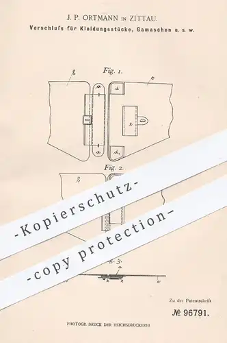 original Patent - J. P. Ortmann , Zittau  1897 , Verschluss für Kleidung , Gamaschen , Korsett | Schneider , Schneiderei