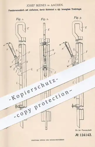 original Patent - Josef Mienes , Aachen , 1900 , Fensterverschluss mit Treibriegel | Fenster - Schloss , Tür , Schlosser