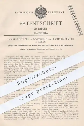 original Patent - Lambert Hülzer , Dortmund | R. Kemper , Essen 1900 , Schloss zum Sichern der Garderobe an Kleiderhaken