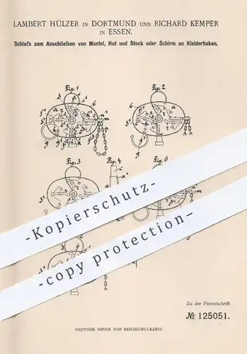 original Patent - Lambert Hülzer , Dortmund | R. Kemper , Essen 1900 , Schloss zum Sichern der Garderobe an Kleiderhaken