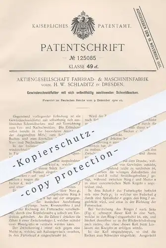 original Patent - AG Fahrrad- & Maschinenfabrik vorm. H. W. Schladitz , Dresden , 1900 , Gewindeschneidfutter | Gewinde